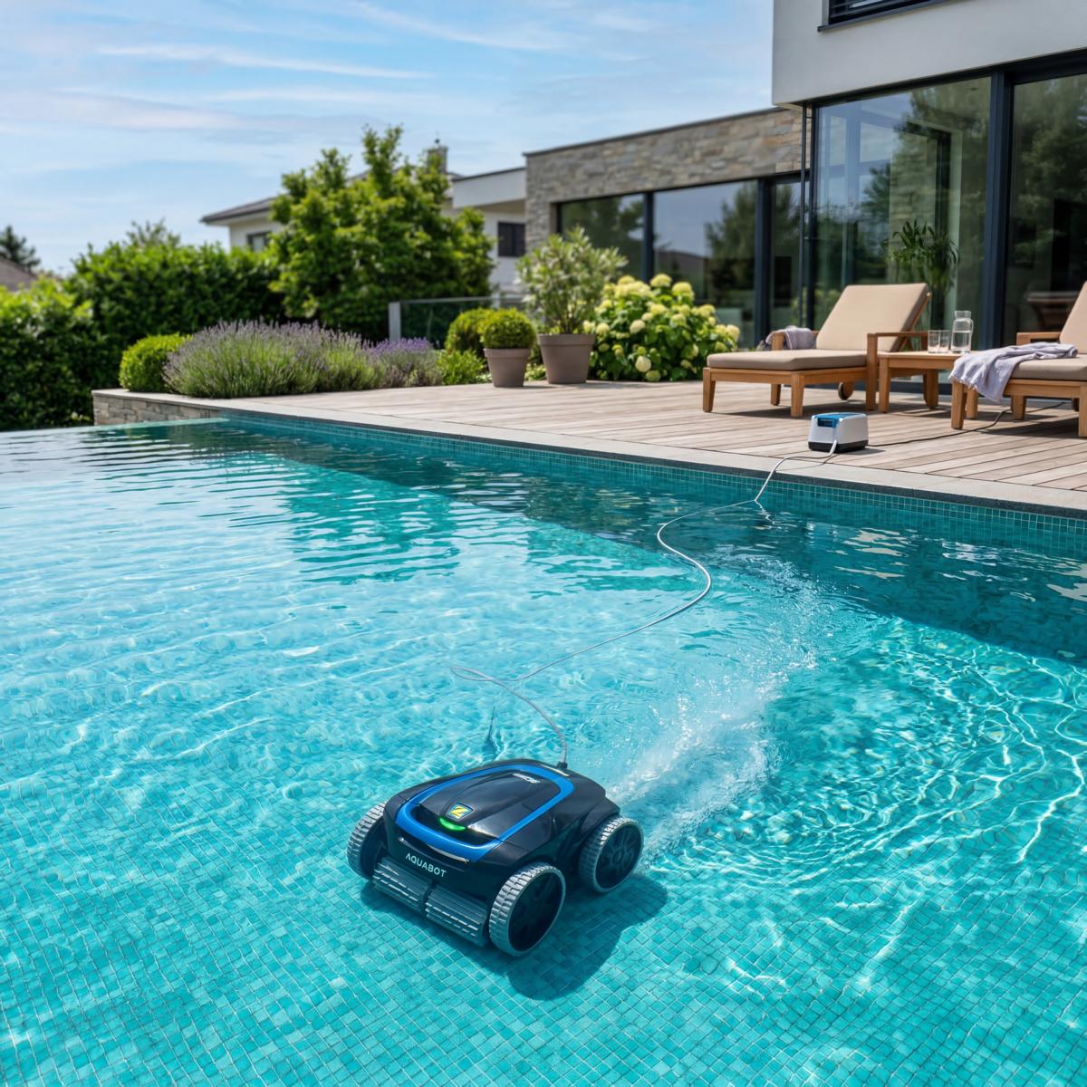 Moderner Pool-Roboter reinigt aktiv den Boden eines privaten Swimming Pools unter Wasser an einem sonnigen Sommertag. Moderner Pool-Roboter reinigt aktiv den Boden eines privaten Swimming Pools unter Wasser an einem sonnigen Sommertag.
