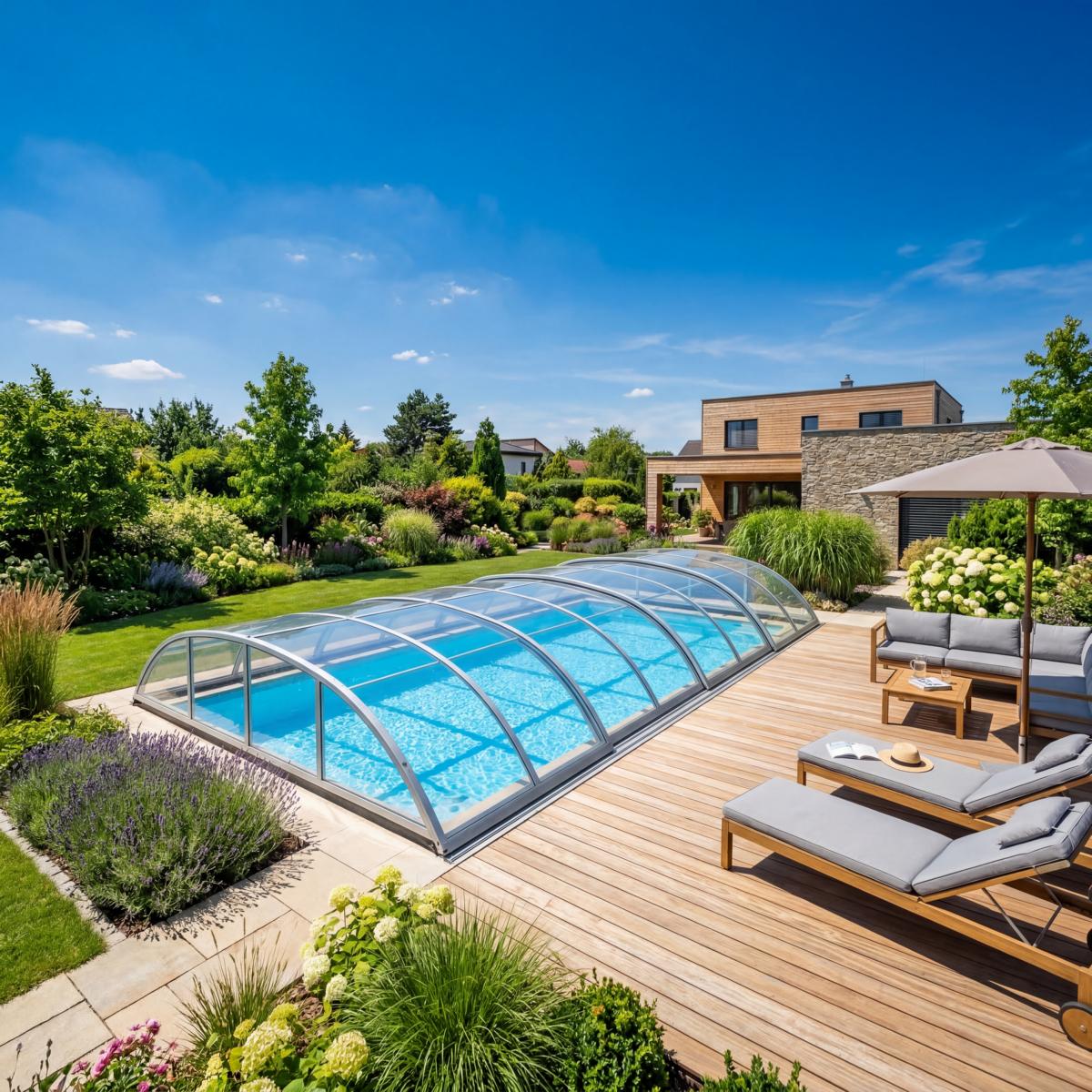 Geschlossene Poolüberdachung im Sommer schützt das kristallklare Wasser vor Verschmutzung und reduziert die Wasserverdunstung bei starker Hitze. Geschlossene Poolüberdachung im Sommer schützt das kristallklare Wasser vor Verschmutzung und reduziert die Wasserverdunstung bei starker Hitze.