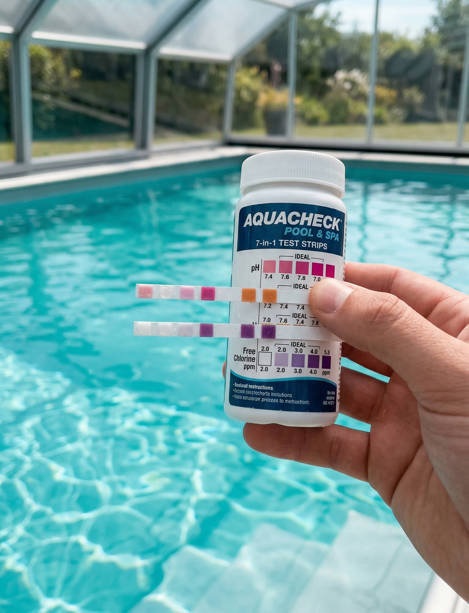 Wassertest-Set zeigt perfekte Chlor- und pH-Werte in einem überdachten Pool – geringerer Chemikalienverbrauch durch Pool Überdachung Wassertest-Set zeigt perfekte Chlor- und pH-Werte in einem überdachten Pool – geringerer Chemikalienverbrauch durch Pool Überdachung