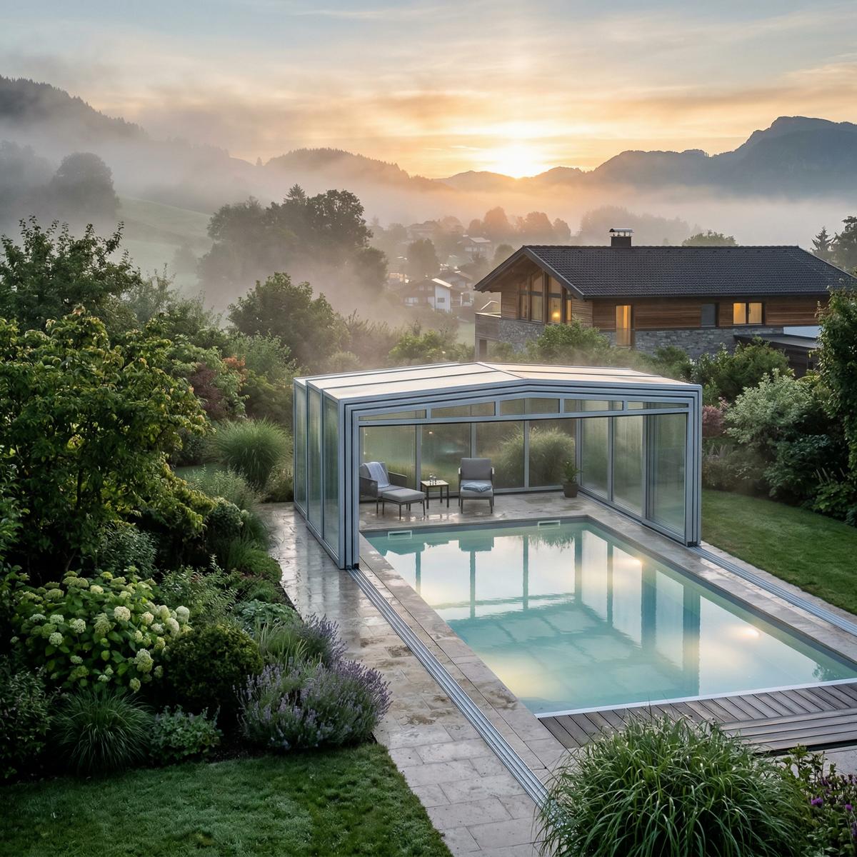 Überdachter Gartenpool im Frühjahr mit geschlossener Teleskopüberdachung – Badesaison bereits ab April möglich Überdachter Gartenpool im Frühjahr mit geschlossener Teleskopüberdachung – Badesaison bereits ab April möglich