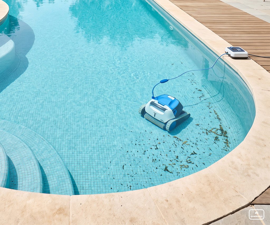 Poolroboter in einem Freiformpool mit Treppe und glatter Beckenoberfläche Poolroboter in einem Freiformpool mit Treppe und glatter Beckenoberfläche