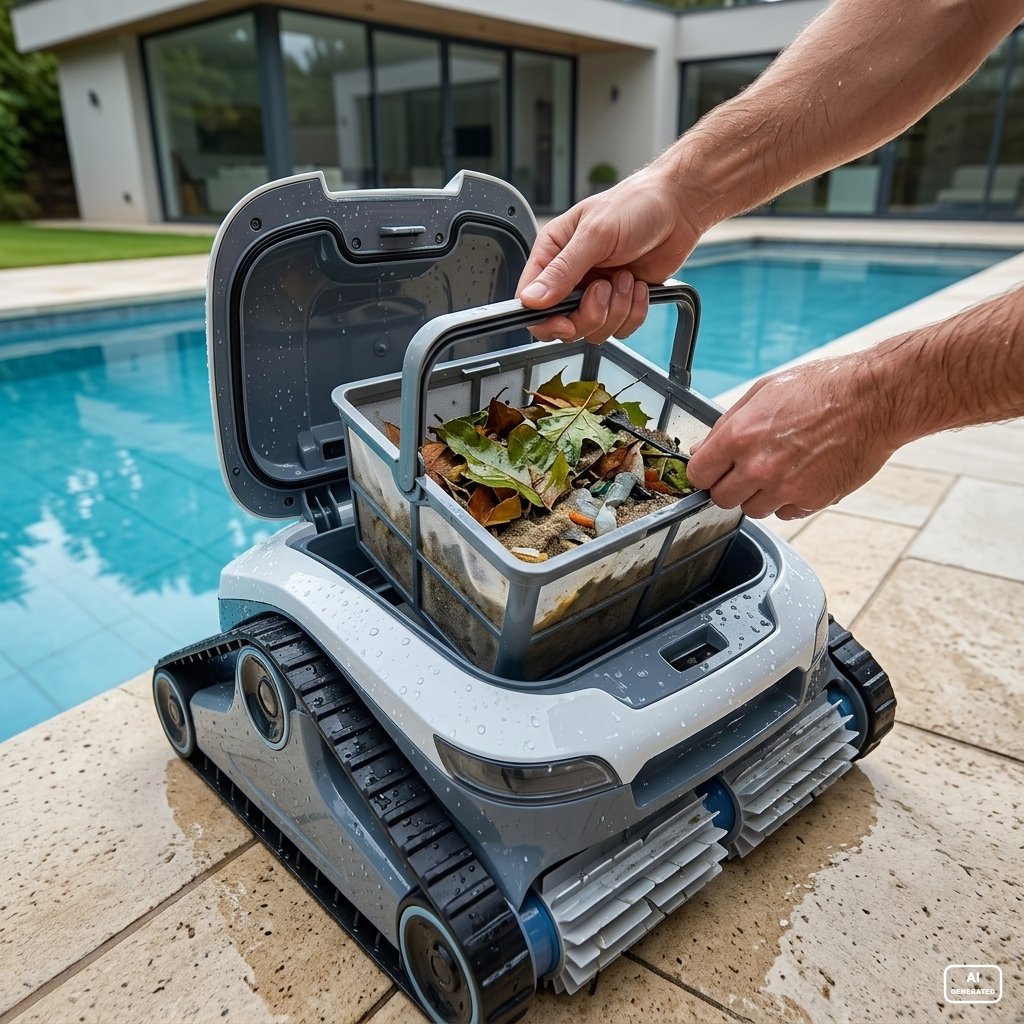 Filterkorb eines Poolroboters wird von oben entnommen und gereinigt Filterkorb eines Poolroboters wird von oben entnommen und gereinigt