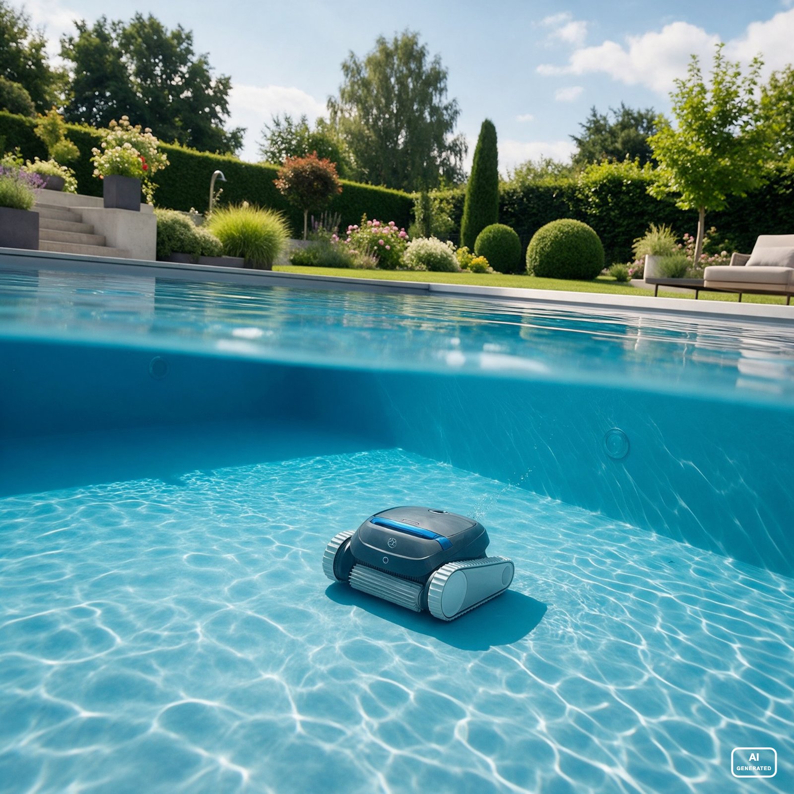Elektrischer Poolroboter reinigt den Boden eines privaten Swimmingpools